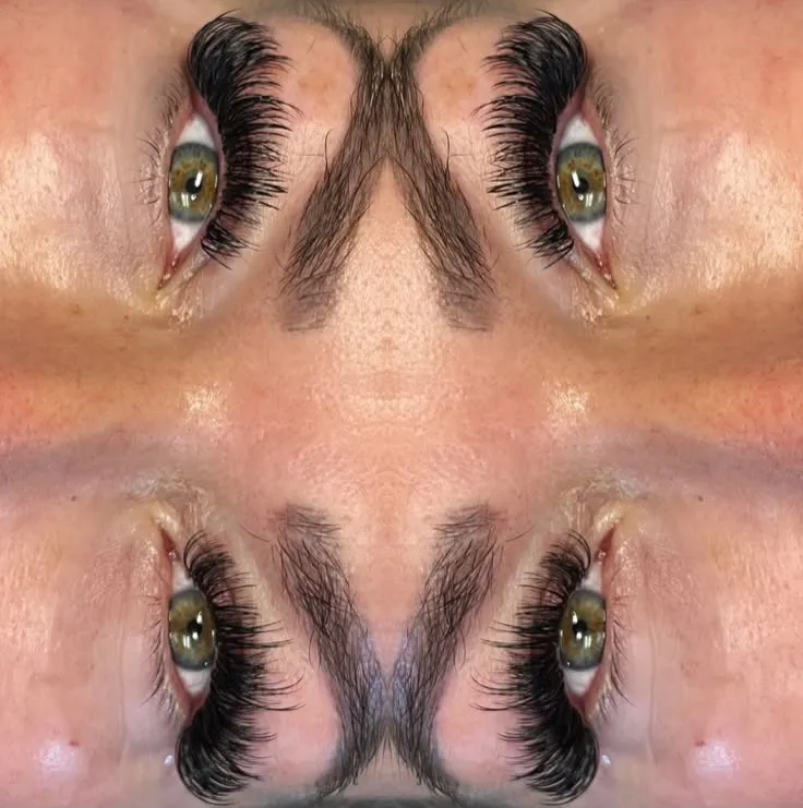 Symmetrical collage of hazel-green eyes with long, curled volume lash extensions