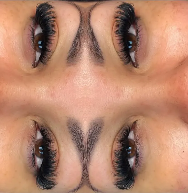 Four-way mirrored view of dramatic black volume lashes on a brown eye